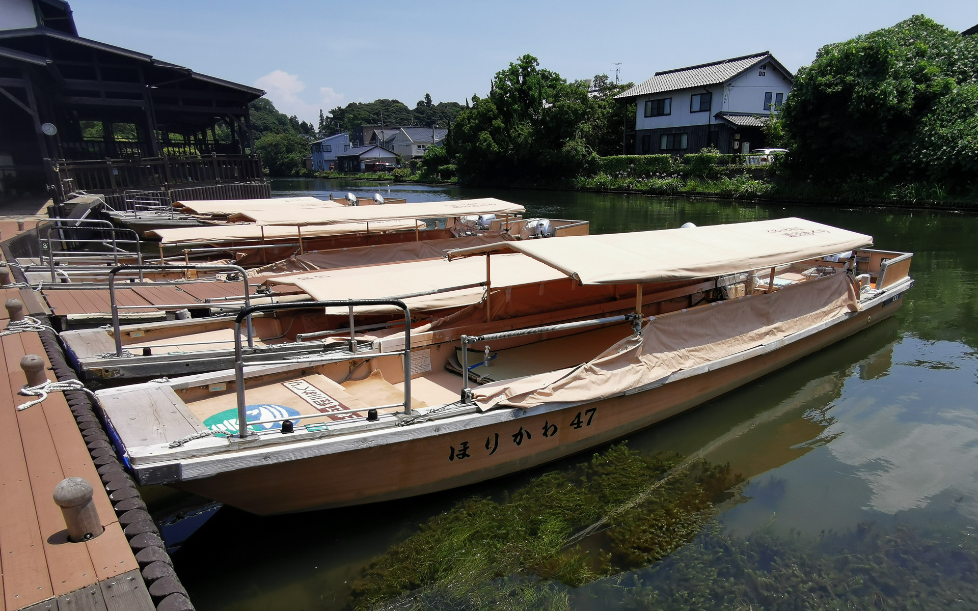 従来のエンジン船外機搭載船は屋根と船体は同じベージュ系のカラー