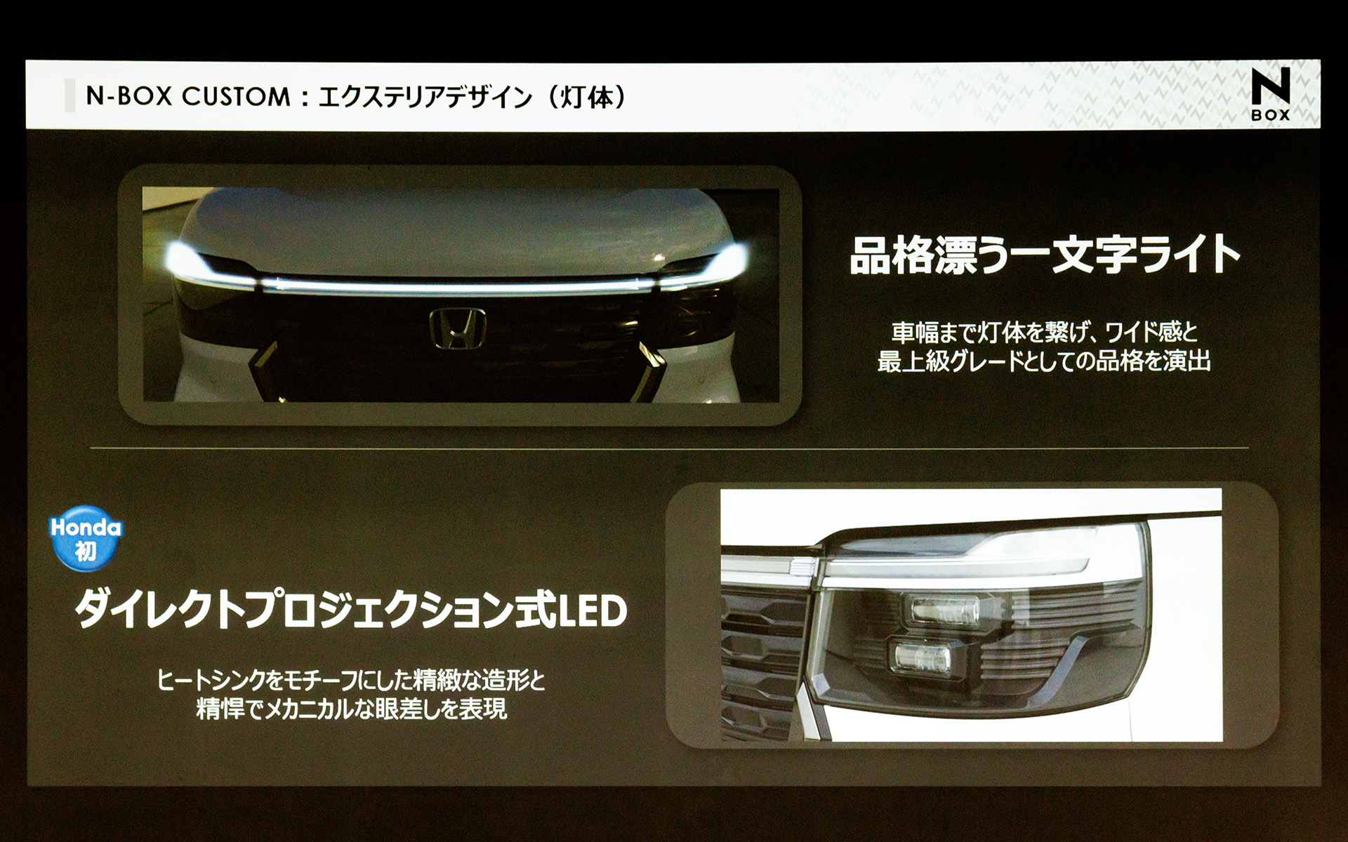 シャープなライトを備え、顔つきはN-BOXとは大きく異なる