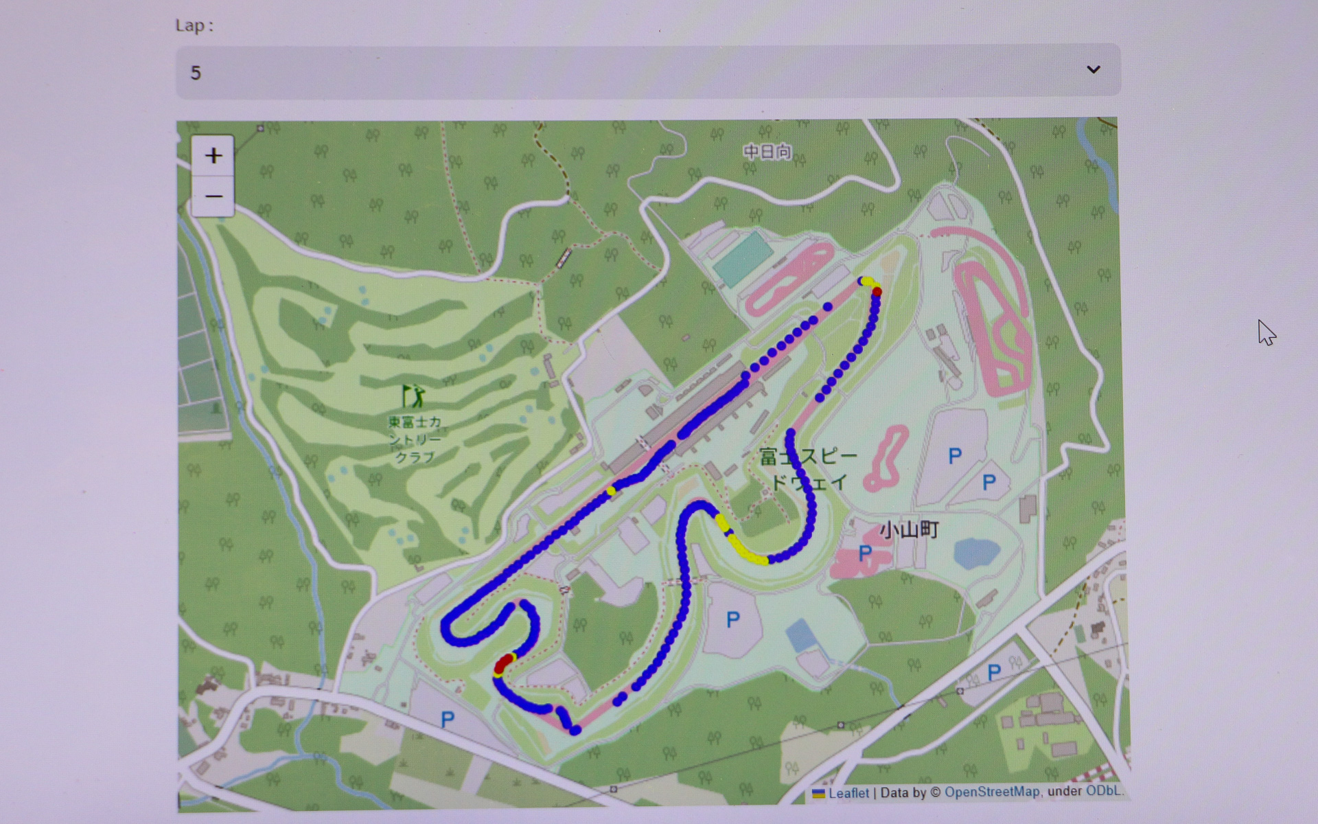 富士スピードウェイでのK4GP練習走行時のデータ。現状は暫定仕様として1秒間隔でデータを表示させている