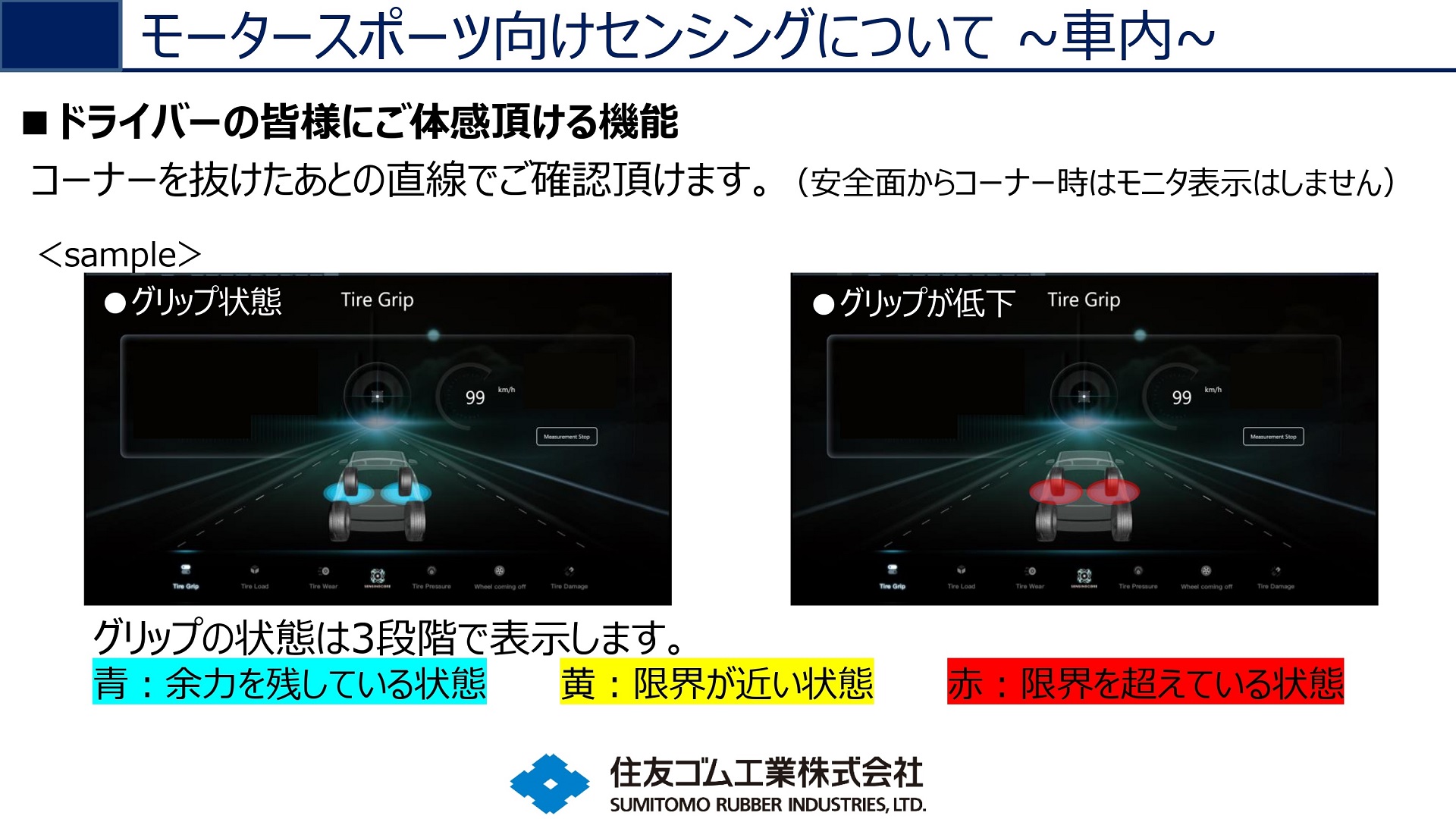 タイヤの状態をドライバーに知らせるサンプル画面。将来的には助手席側ではなく、ヘッドアップディスプレイや小型ディスプレイなど、視線の移動量の少ない場所での表示を検討しているという