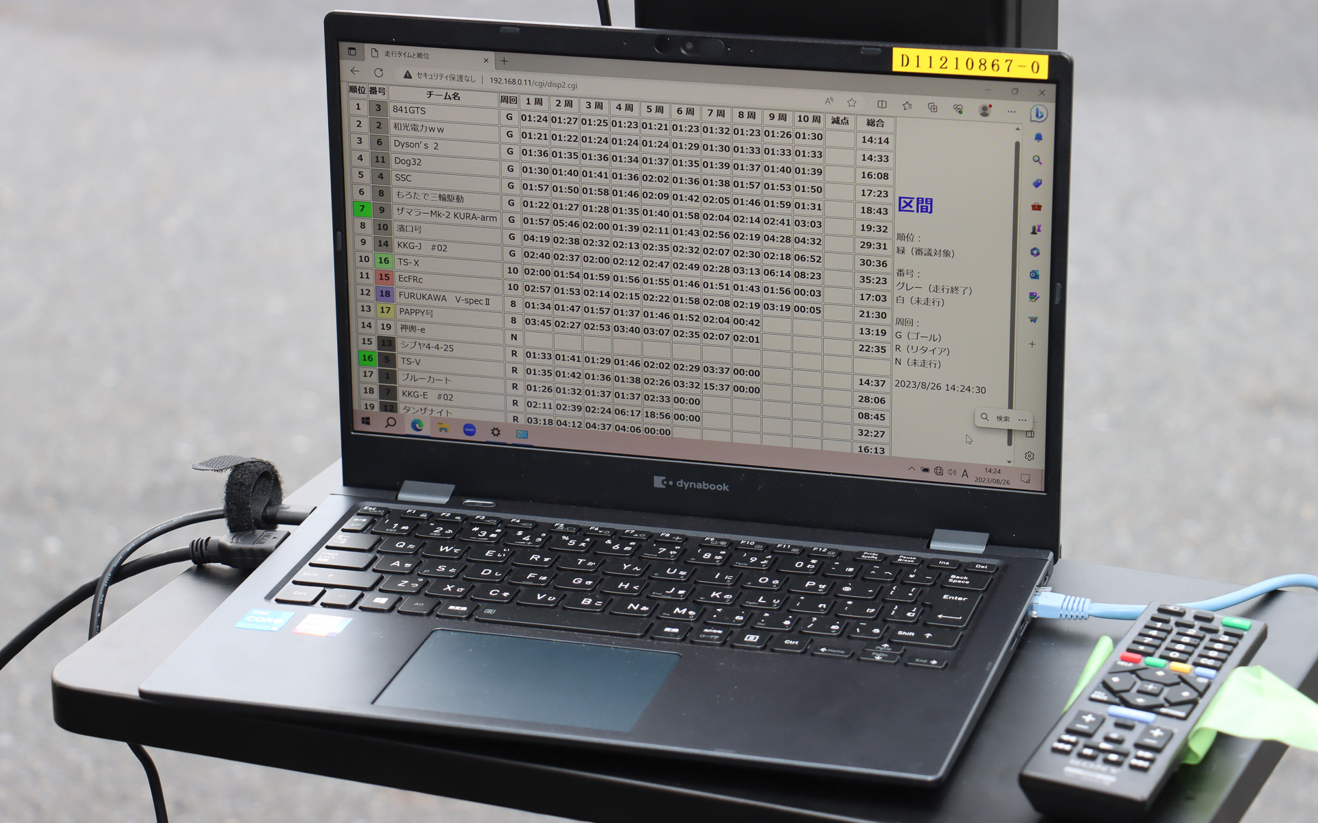 カードリーダーでのデータ読み込みをタイムスタンプとしてラップタイムを記録。データの管理、記録は東京都市大学の講師が自作したソフトウェアを使っており、会場内にいる各チームにデータをリアルタイム配信