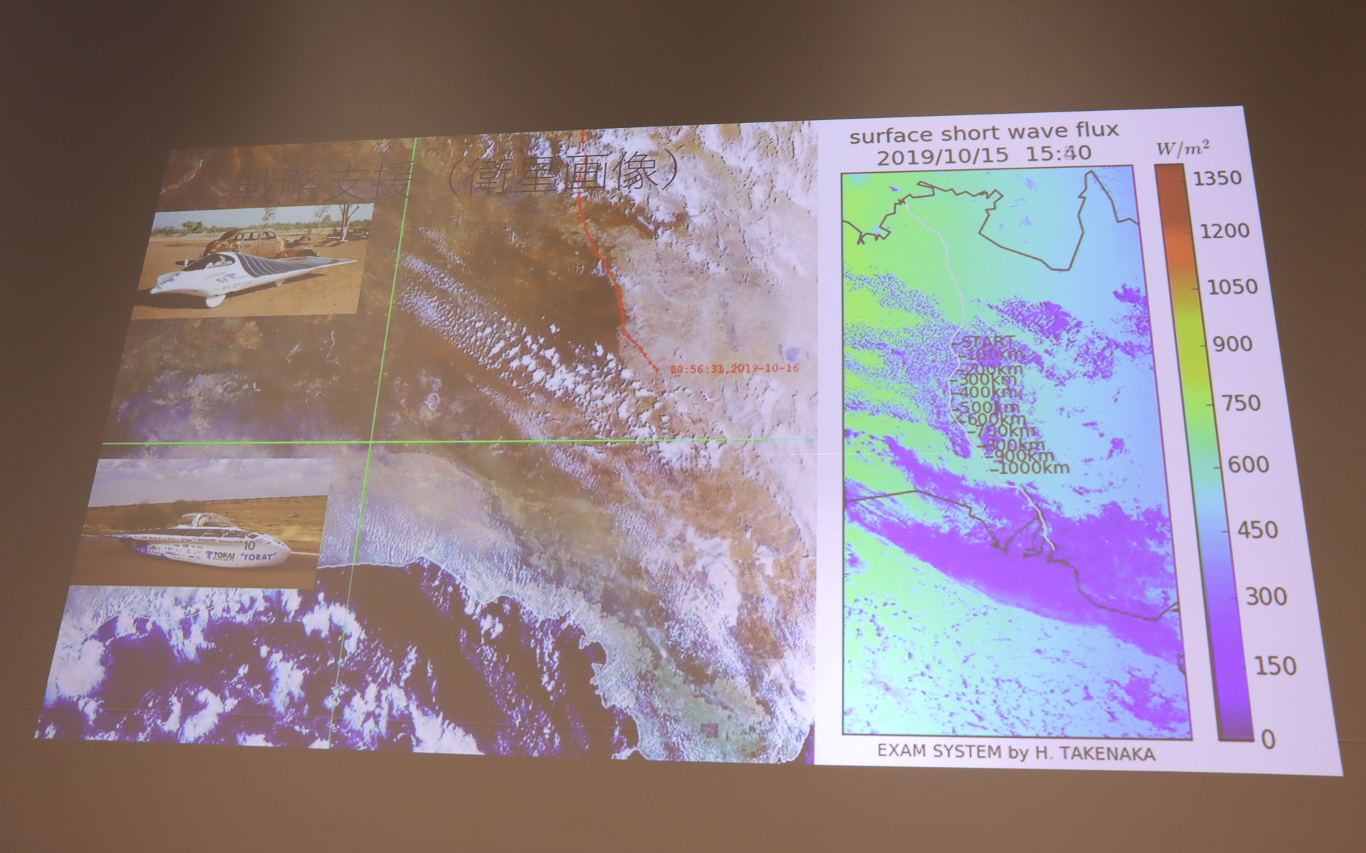 従来はモノクロの画像データで雨雲の様子をチェックしていたが、現在ではカラー化され、地表での日照量まで算出して運行支援できるようになっている