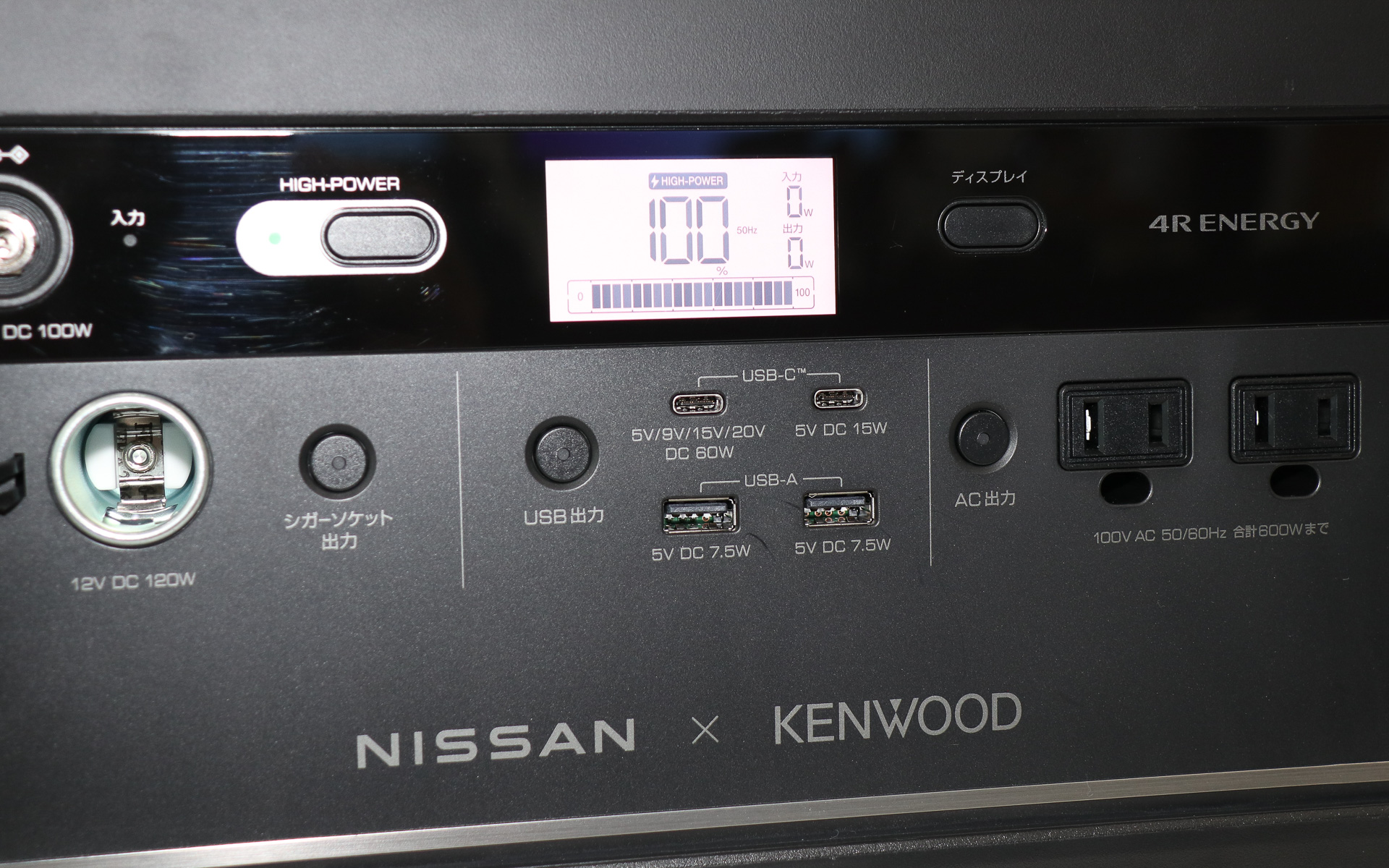 外部給電する出力は、AC100V（×2）、USB（タイプA×2、タイプC×2）、シガーソケットの3種類を用意