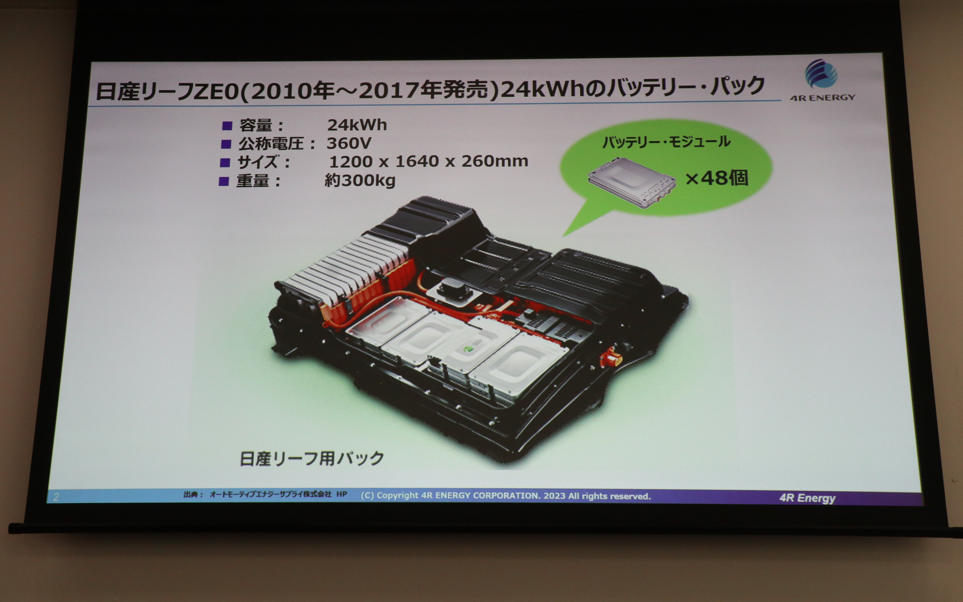 初代リーフで使われていた48個のバッテリ・モジュールのうち、ポータブルバッテリー from LEAF1台で2つのバッテリ・モジュールを使用する