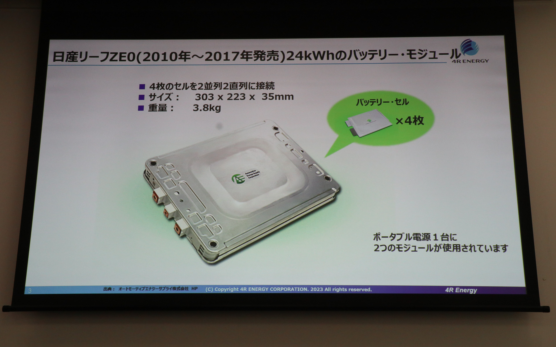 初代リーフで使われていた48個のバッテリ・モジュールのうち、ポータブルバッテリー from LEAF1台で2つのバッテリ・モジュールを使用する