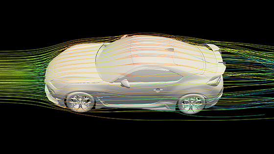 コンピュータ上で空気の流れを計算する手法「CFD解析を」用いて形状を最適化している
