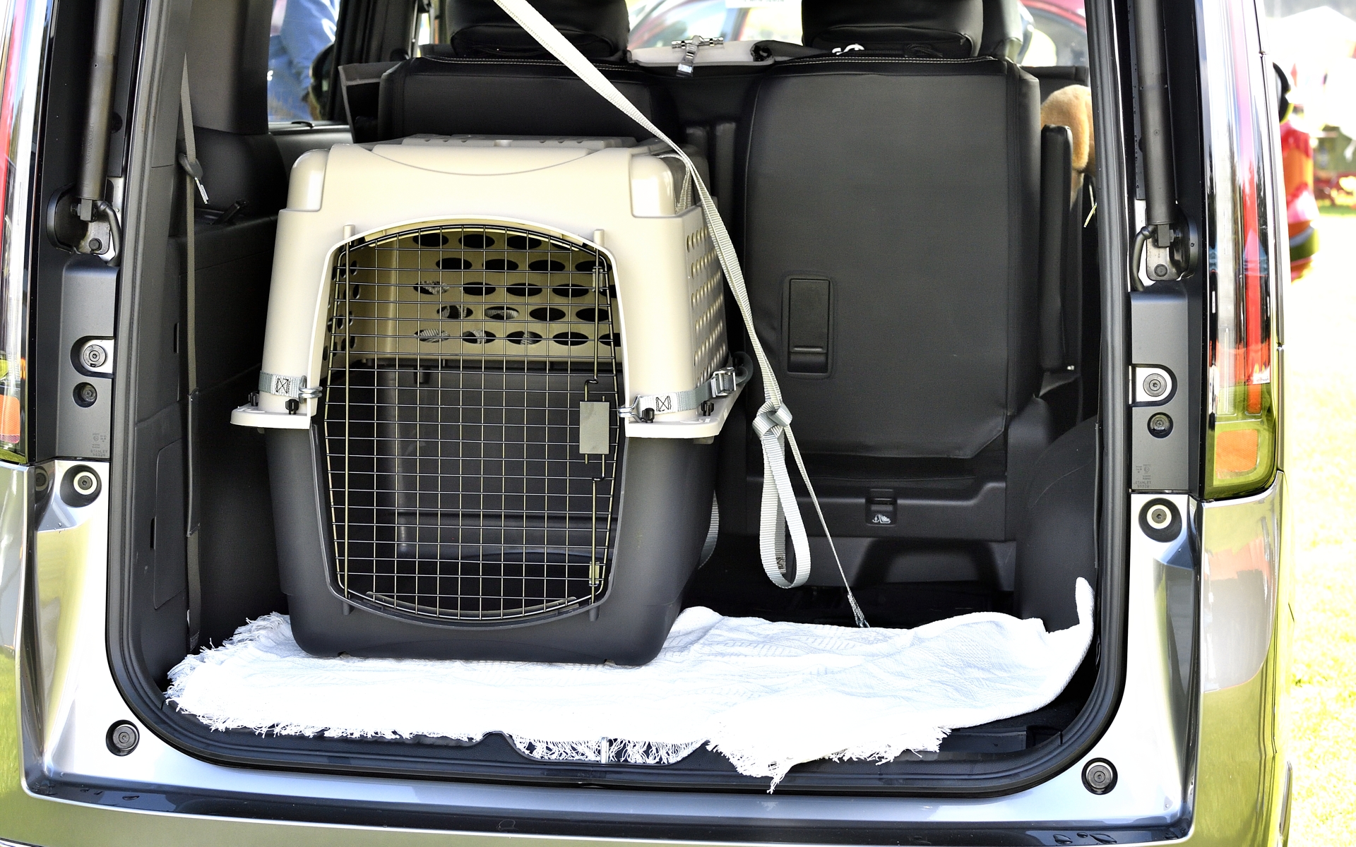 3列目シートを床下に格納してラゲッジを広くしたうえで大きめのケージを置く。ケージが動かないようタイダウンベルト（6050円/2本セット）で固定。ステップワゴンのラゲッジスペースのフロアには、ベルトがかけられる金属フックが付いているのがポイント