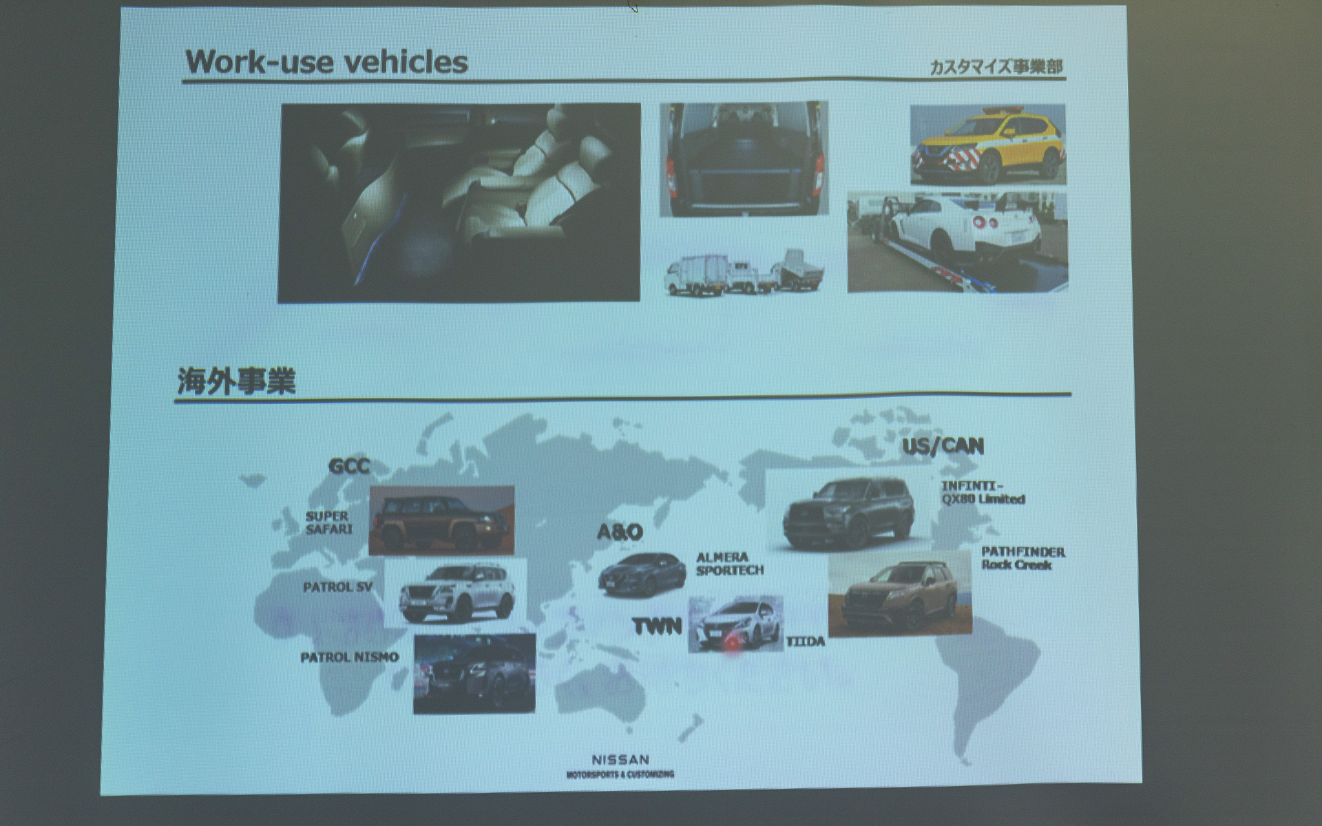 日産車ベースの働くクルマや海外市場向けの特装車の企画、設計も行なっている。今回のイベントでは中近東向けの「PATROL NISMO」と、北米向けの「PATHFINDER Rock Creek」が展示された