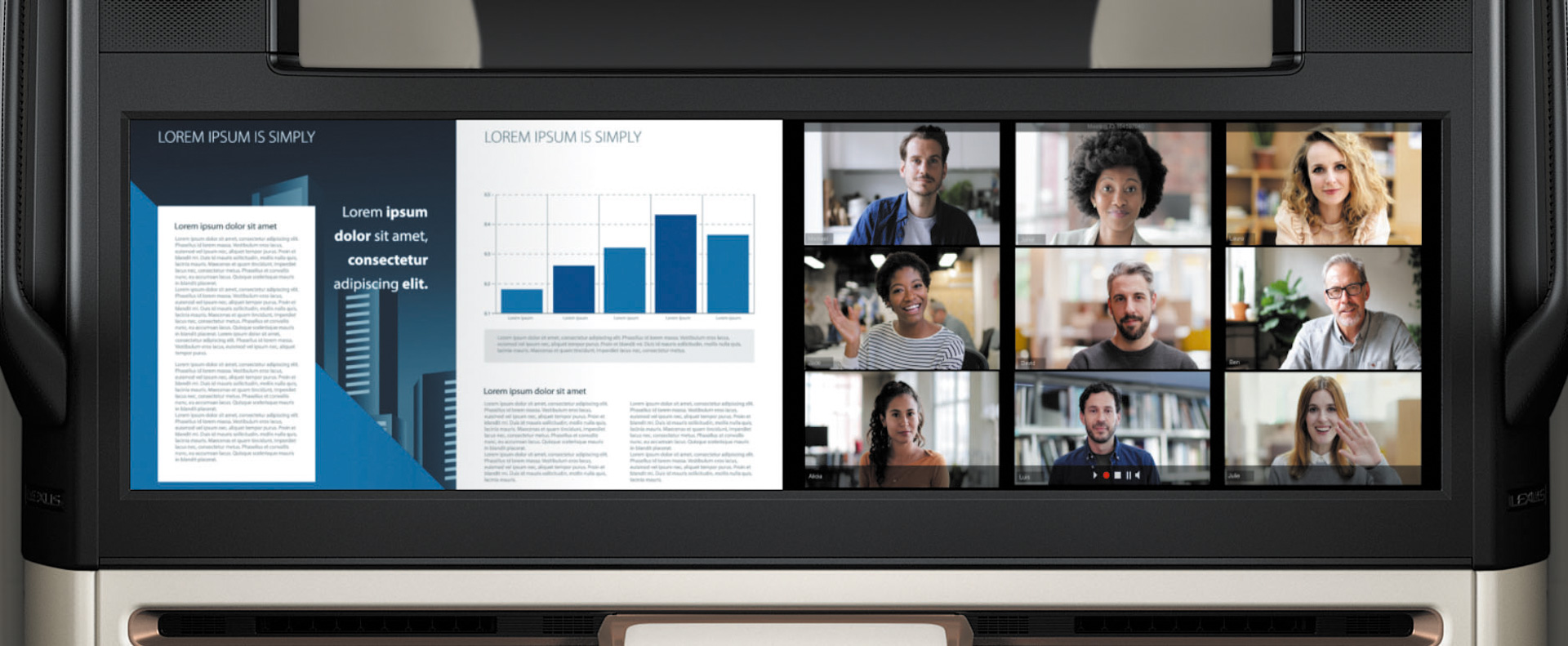 2つのHDMI端子からの入力や Miracast接続によって 例えばビジネスシーンでは、それぞれのHDMI 端子にPCを接続することで、 Web会議画面と資料などを 2画面で表示できる