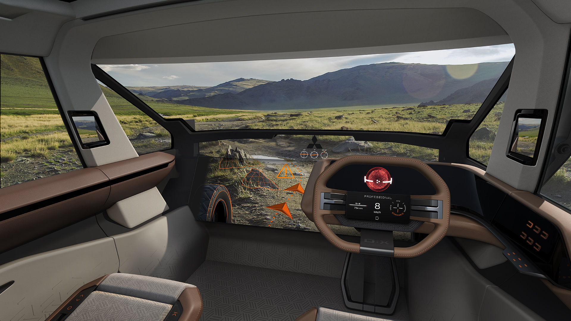 開放感のある広々とした視界をもたらすフロントウィンドウとシースルーボンネットにより、宙に浮いたような運転体験を可能とするエアリアルコクピットを実現