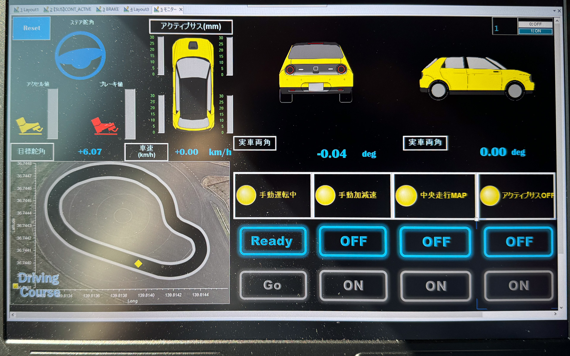 ON/OFF表示のされたテスト制御項目。左下に簡易マップが表示されている