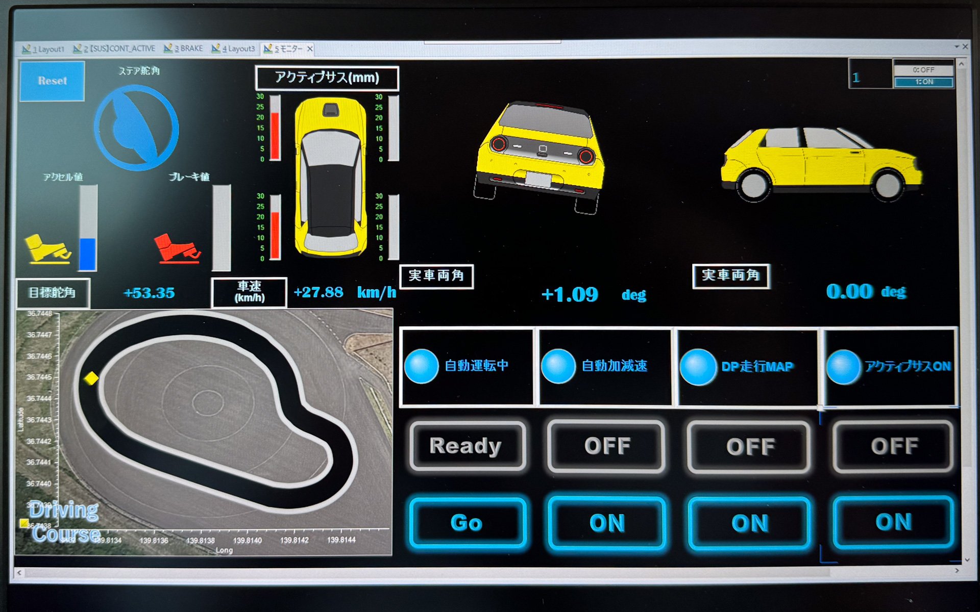 フルに制御を入れた状態。右コーナーで左側のサスペンションを持ち上げている
