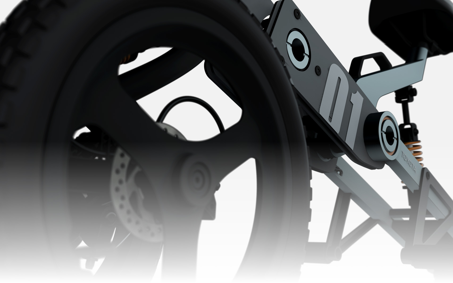 リアタイヤは片持ち式。機械式ディスクブレーキを備える