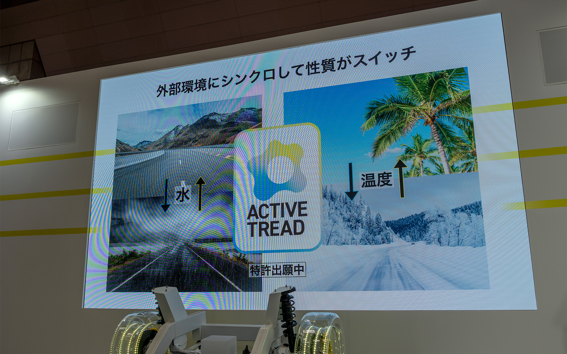 アクティブトレッドは路面状況に応じてゴムの性質がスイッチする。特許申請中