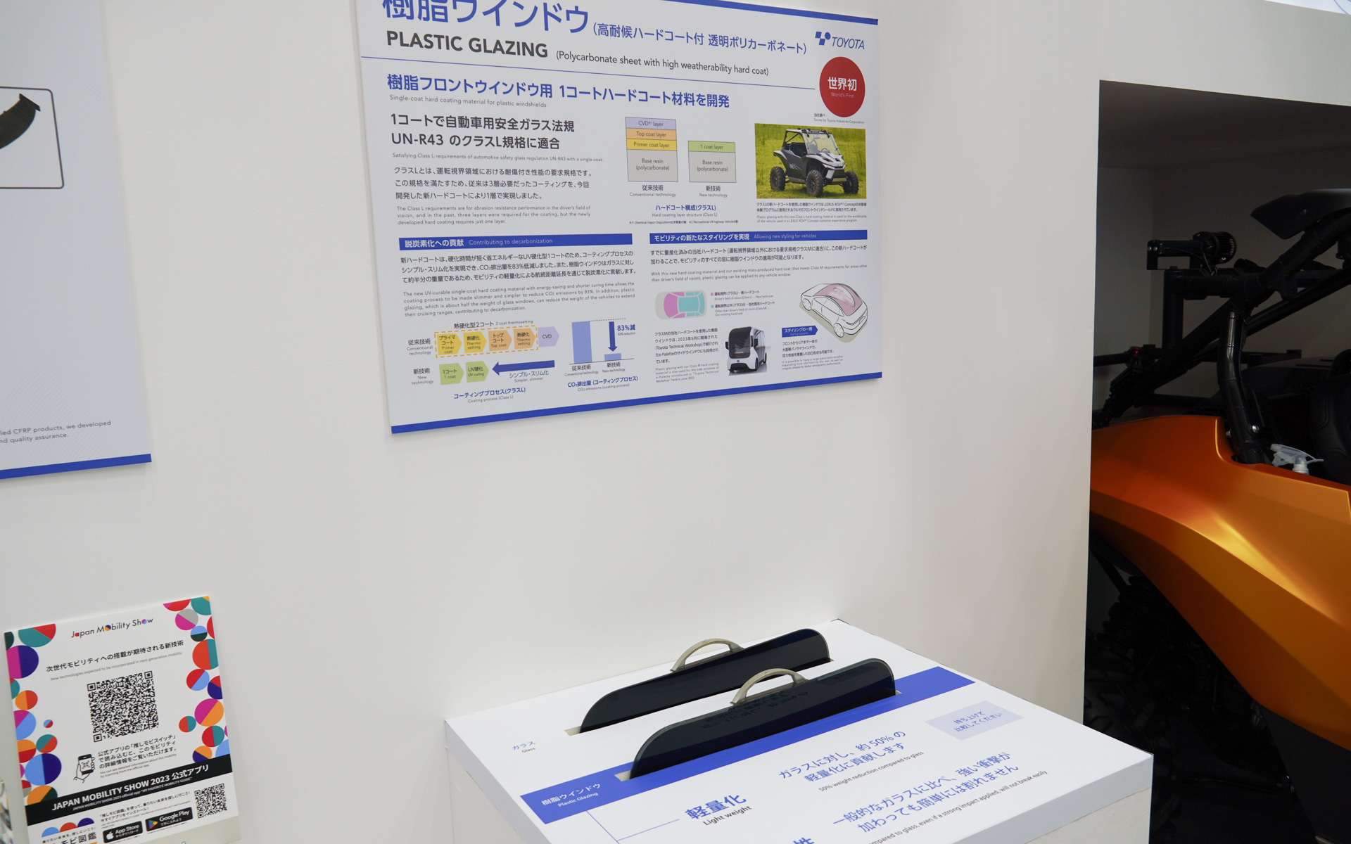 樹脂ウインドウの展示。ガラスと重さ比較ができる