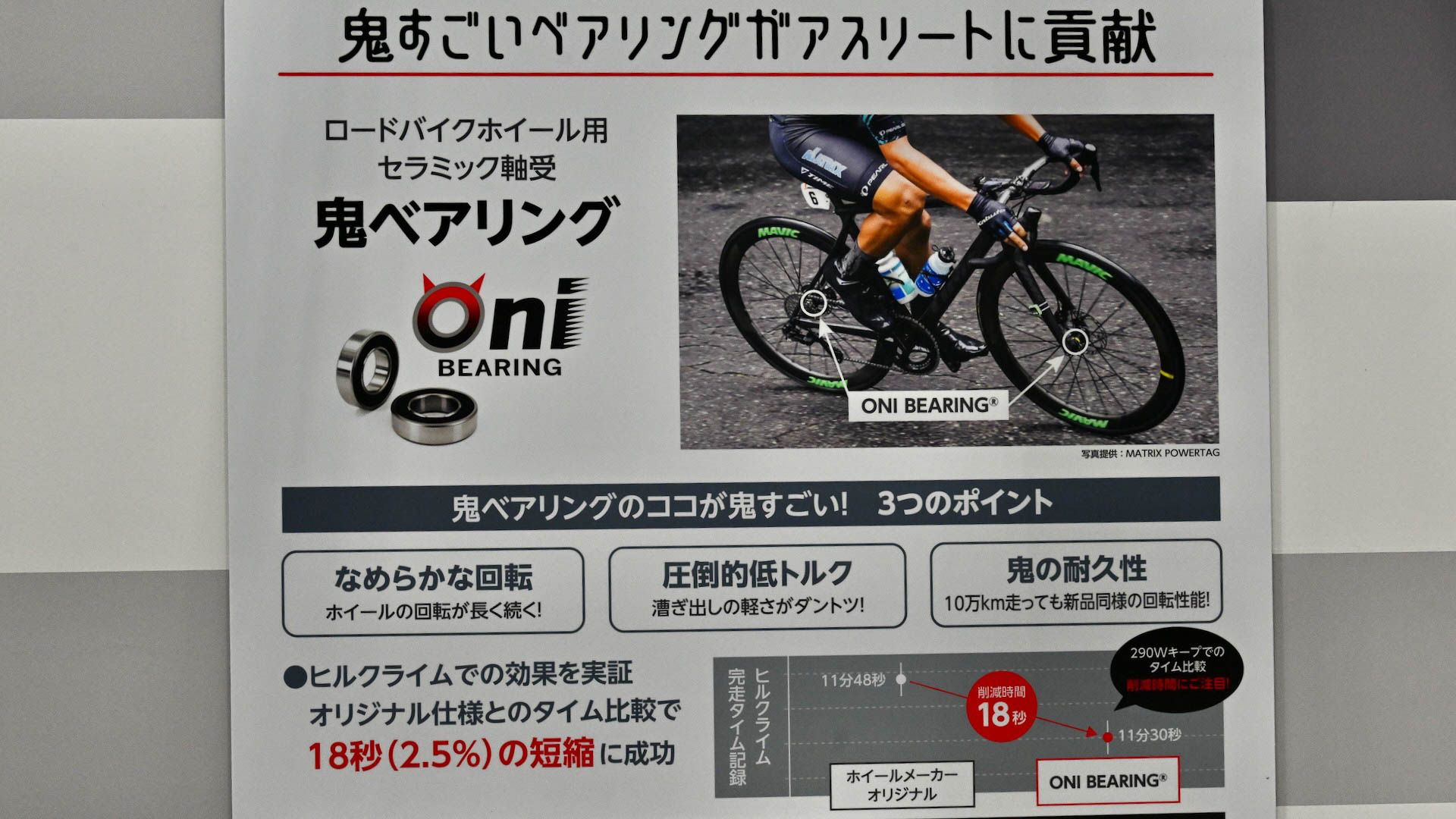 鬼ベアリングを使用したロードサイクル用ホイール。他社製品と比べて回転の滑らかさが異なることが体験できる