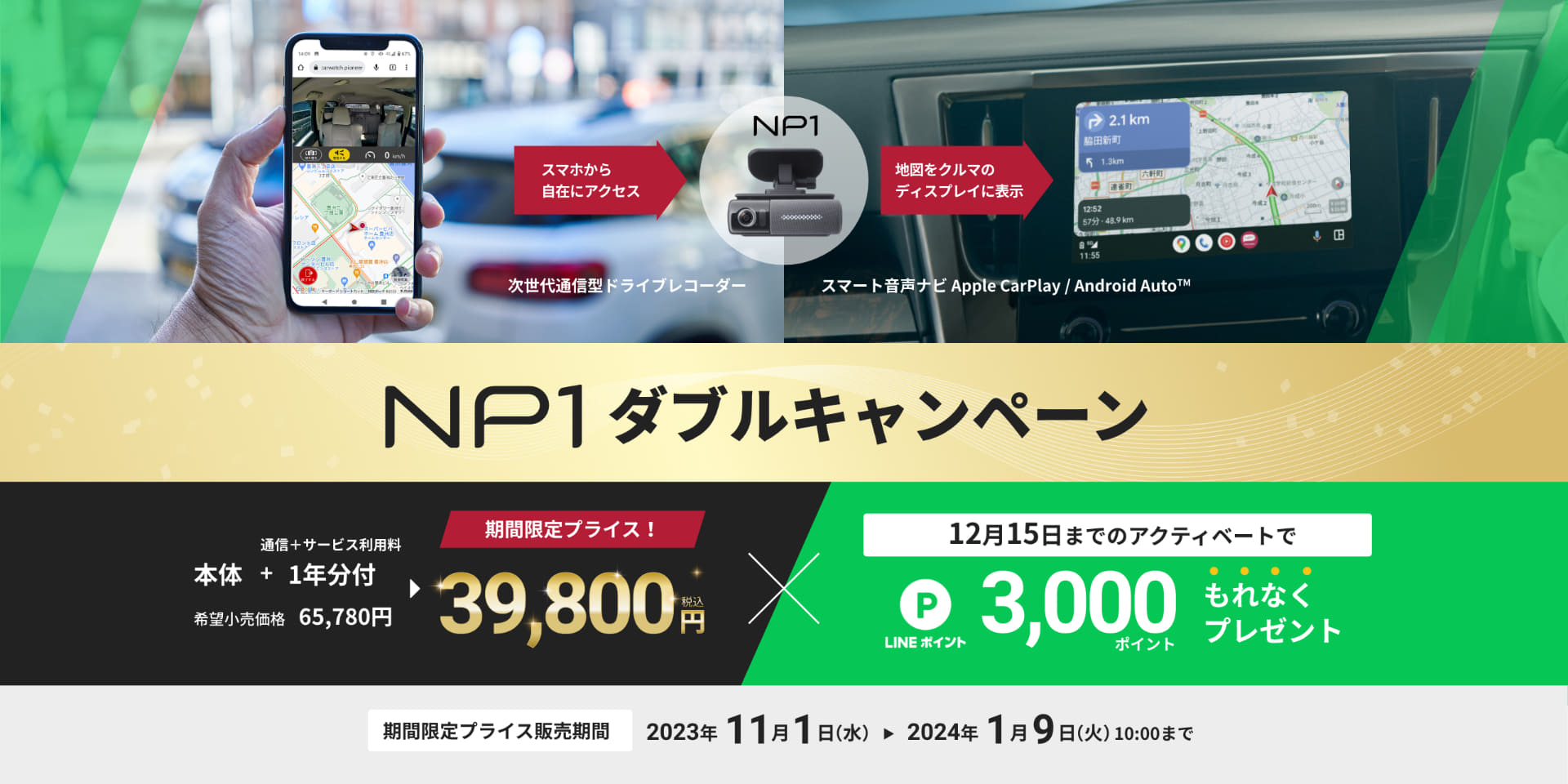 2024年1月8日の10時までの期間限定で開催している「NP1ダブルキャンペーン」。通常で6万5780円が3万9800円になり、2023年12月15日までに利用可能な状態にするともれなくLINEポイントが3000ポイントもらえる。なお、通信とサービス利用料3年分が付く「バリュープラン」は通常9万3500円のところ6万7520円になる