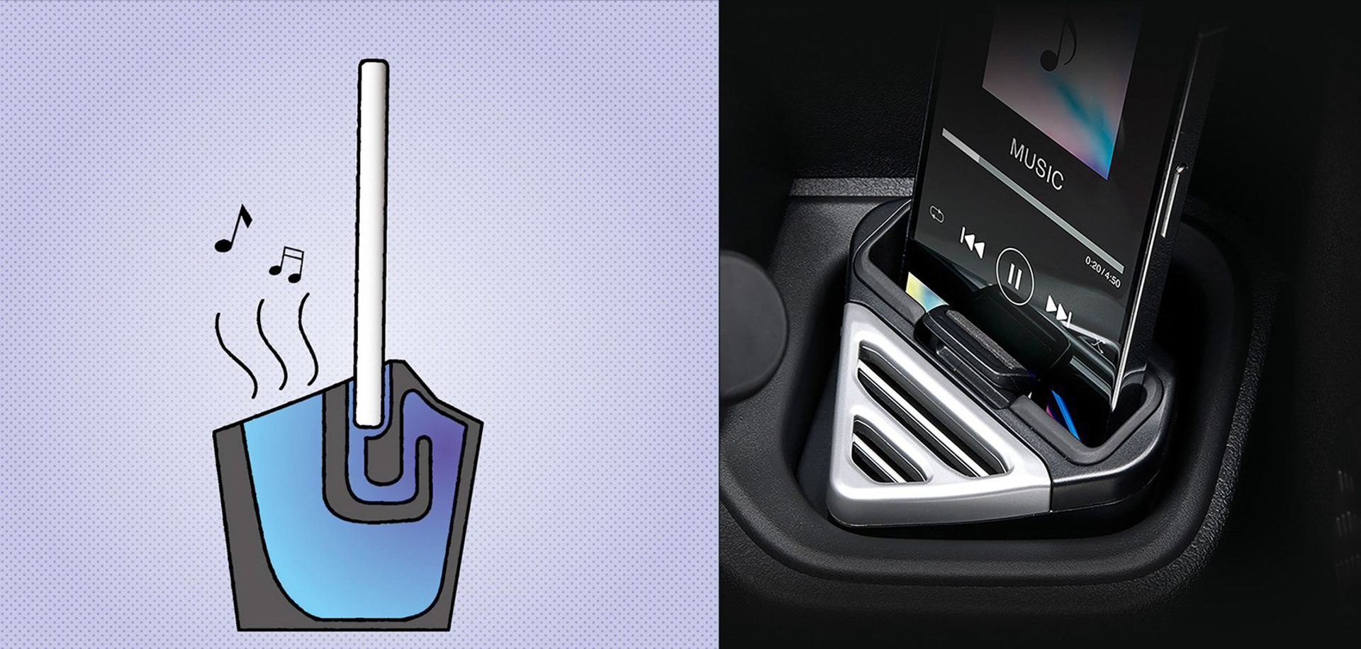 「N-BOX専用 スマホスタンド ミュージックドリップ」（NZ266）：スマートフォンを挿すと製品を通して音が聞けるスマートフォンスタンド。運転席側のドリンクホルダーにフィット。電源が必要なく、スタンド内にある音壁を通じて本体内に音を響かせる構造（写真左）。電気を使用したオーディオ機器とは異なりやわらかく響く音を楽しめる。電源レスなので手軽に持ち運べ、アウトドアなどでも手軽に使うことができる。現在発売中のiPhone全てのサイズ（カバーを外した状態）に対応。走行時の振動を拾わないよう外側にゴムリングを装備