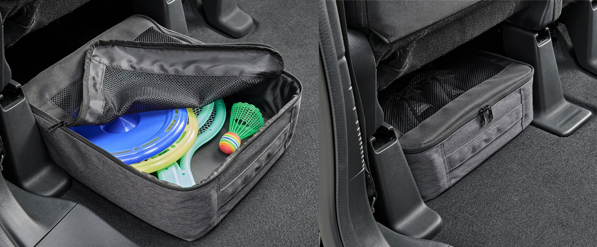 「N-BOX専用 助手席下 収納バッグ」（NZ851）：内装に似合うグレーの杢生地を使用し、天面をメッシュにしたシンプルデザインの収納バッグで、折り畳み傘、洗車用具 、掃除用具、携帯トイレ、レジャーシート、靴など、さまざまなものが入る大容量。助手席下を広い収納スペースにでき、車内をスッキリと整理できる。後部座席から出し入れでき、持ち手は靴がひっかからないよう、本体にフィットした作りにしている。助手席下にあるシートヒーターなどのケーブルにバッグが干渉しないよう、走行中前方に滑るのを防止するベルトを付属。耐荷重5kg