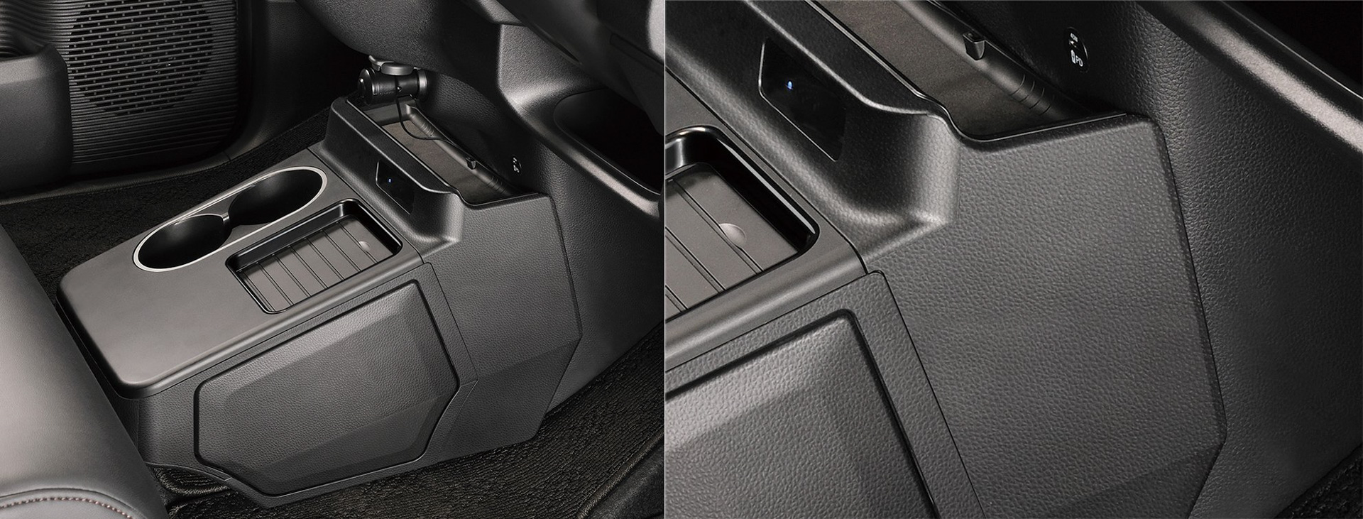 「N-BOX専用 コンソールボックス」(NZ864):フタが自動で開閉する電動ユニットを搭載。ゴミ捨て口の上部にセンサーを備えており、手をかざしたり離したりすることでフタが自動で開閉する。ゴミ箱の容量は約4L。開口部は、ティッシュなどの紙くずだけでなく、コンビニで販売している小袋のお菓子など少し大きいゴミも捨てやすい大きさ。また、ドリンクホルダー部は、缶コーヒーから太ペットボトルまでさまざまなサイズに対応。ドリンクを置かないときは、小物やスマートフォンを収納できる。車両との一体感が向上するよう、近接する内装の質感に合わせたシボ加工を施している(写真右)