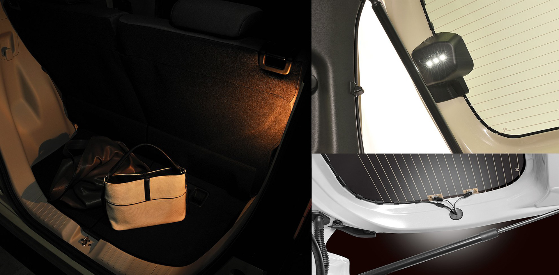 「N-BOX専用 ラゲッジランプ」(NZ865):テールゲートにライト本体、開口部にマグネットスイッチを貼り付けるだけの簡単取り付け。マグネットと本体がゲート開閉時に着いたり離れたりすることでライトをON/OFFする。リアデフロスター端子にかぶせて取り付けるため、断線から保護する(写真右下)。また、ソーラー充電式で、ソーラーパネルがリアガラスに面しているため装着したまま補充電が可能(写真右上)。充電をする際は、ベースから本体を取り外して日当たりのよい所で充電でき、配線や電池交換は不要。ランプが点灯してから約2分で自動的に消灯するので、テールゲートを開いたままにしても電池の消費を抑える