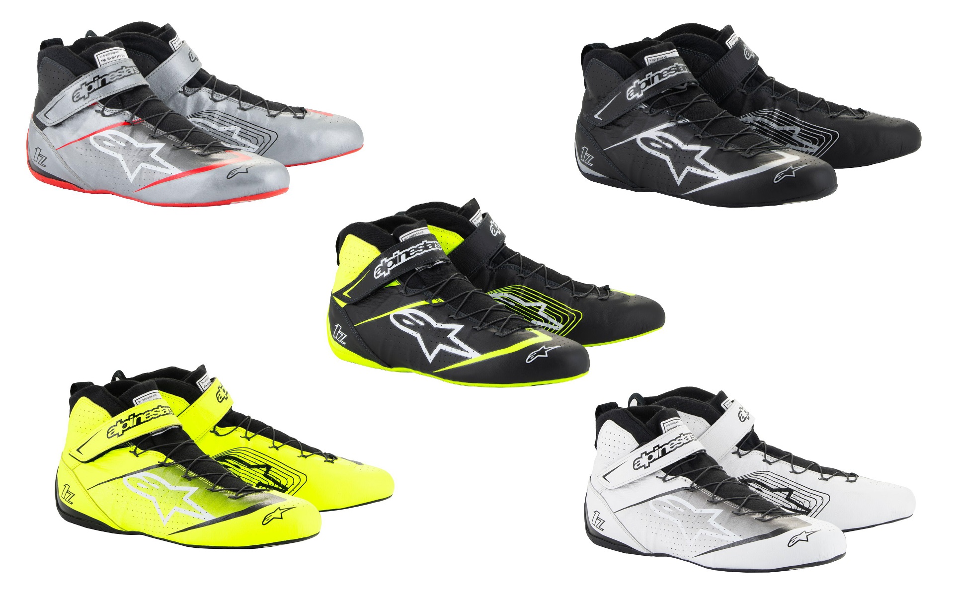 カラー：DARK SILVER BLACK RED（左上）、YELLOW FLUO BLACK（左下）、BLACK YELLOW FLUO（中央）、BLACK SILVER（右上）、WHITE BLACK（右下）