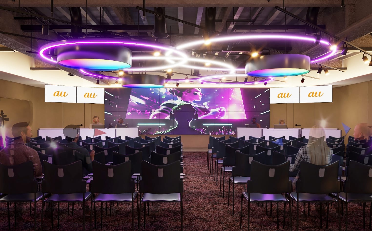 KDDIが2024年2月に開業予定のeスポーツ施設「esports Style UENO」の、大型294インチ高精細LEDビジョンを備えるパブリックビューイングの完成イメージ