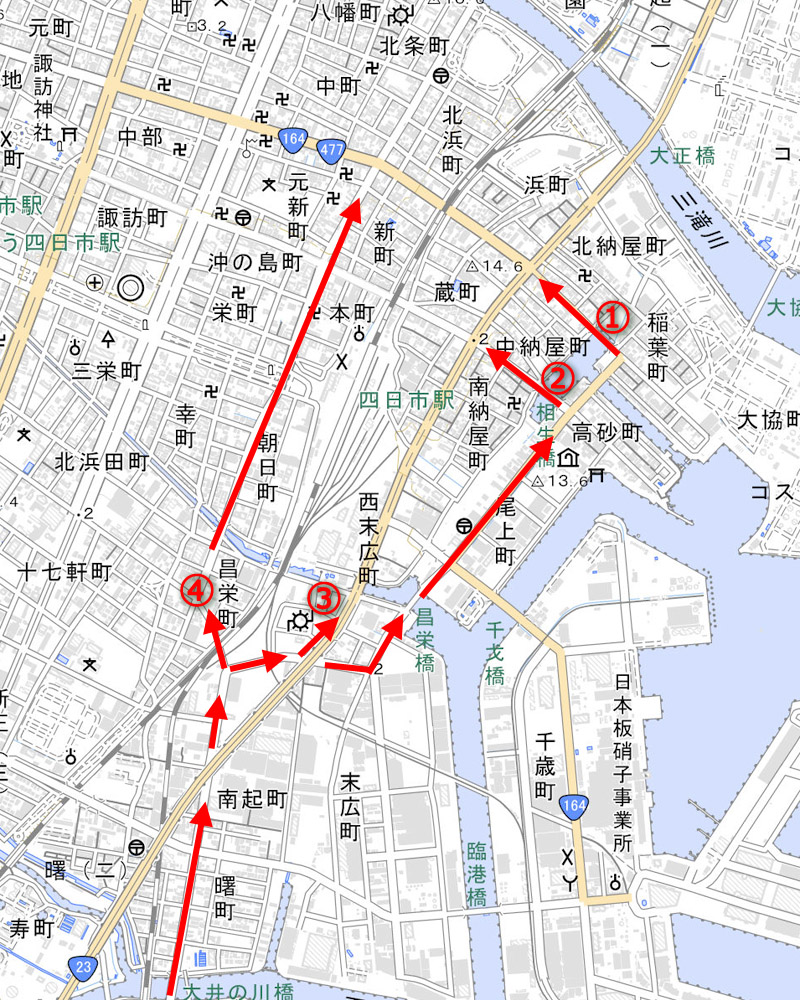 国道23号を名古屋方面に向かうルート（国土地理院地図に筆者が加筆）