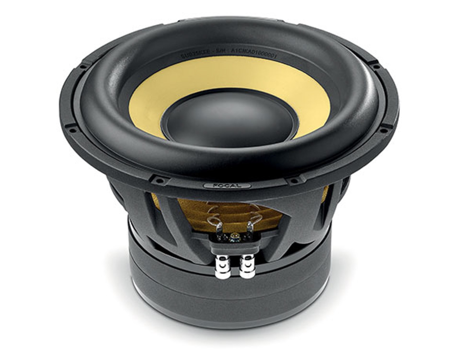 250mm サブウーファー「SUB 25 KXE」（10万2300円/本）、口径/ボイスコイル径：250mm/65mm、振動板：カテナリー形状ラバーサラウンド採用K2サンドウィッチコーン、再生周波数帯域：25～500Hz、定格入力/最大入力：600W/1200W、インピーダンス：4＋4Ω、出力音圧レベル：84.5dB（2.83V/1m）