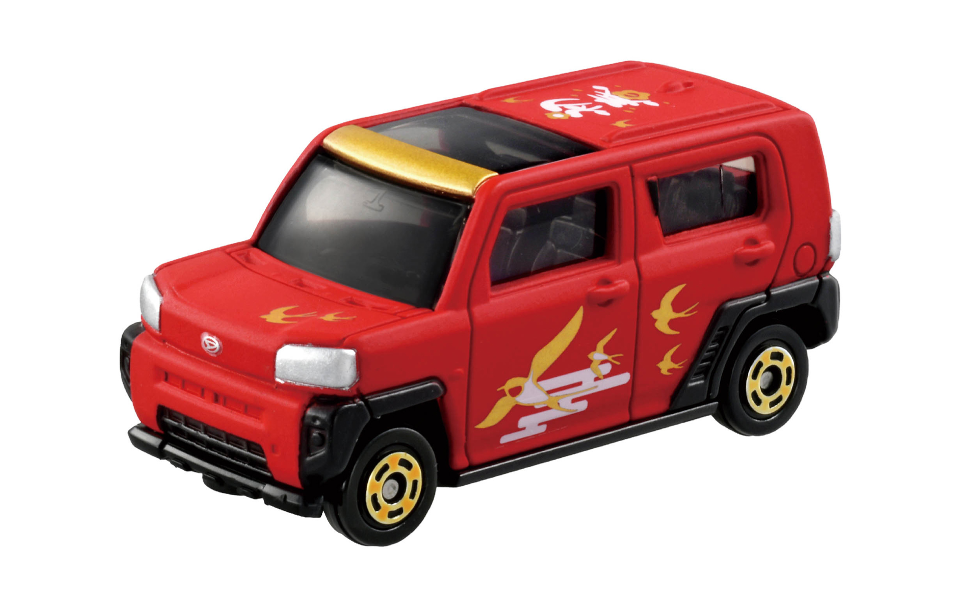 ダイハツ タフトには、幸運を運び、家内安全がモチーフのツバメをデザイン。渡り鳥であり、日本のほかにアジアにも飛んで行くツバメのアクティブに空を駆けめぐる姿をイメージし、ツバメが春を呼ぶ鳥と言われていることから、ルーフに初春の文字を描いた