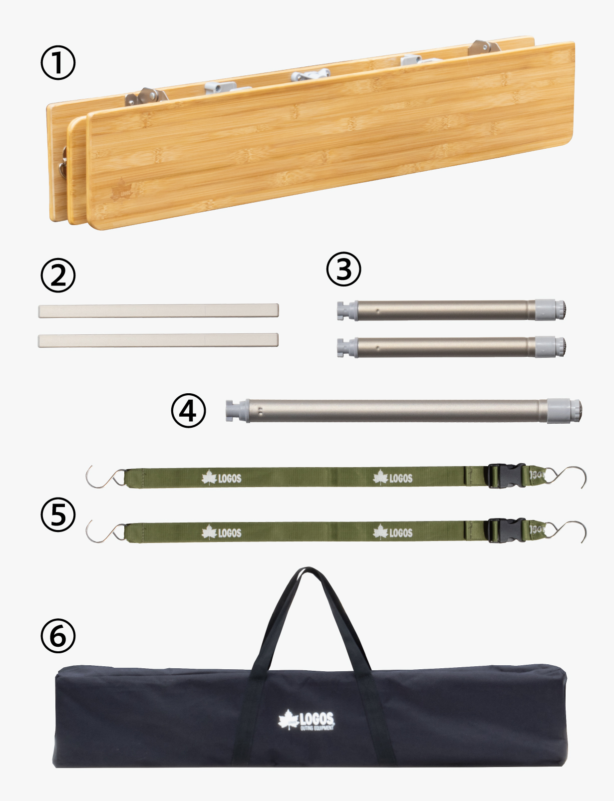 1.天板、2.角バー×2、3.取り付け用脚フレーム（短）×2、4.取り付け用脚フレーム（長）、5.フック付きベルト×2、6.収納バッグ。収納サイズ（約）：90×16.5×9.2cm（全長×全幅×全高）。主素材：竹素材、アルミ、ナイロン、ステンレス