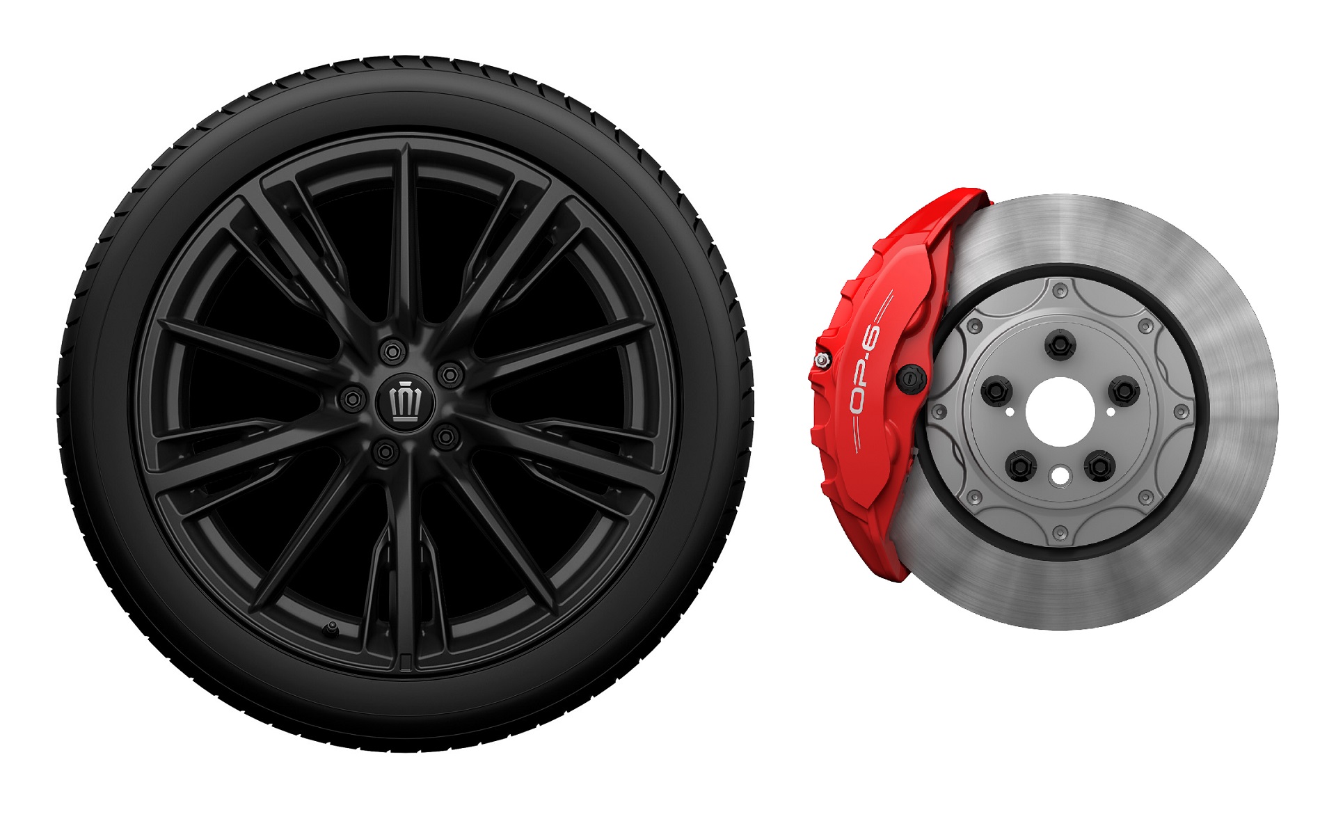 左：235/45R21タイヤ＆21×8.5Jアルミホイール（マットブラック塗装）＆センターオーナメント。右：カラードキャリパー（レッド）