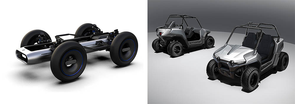 小型低速EV汎用プラットフォーム「YAMAHA MOTOR PLATFORM CONCEPT」（左）と、同プラットフォームを活用したプロトモデル「Concept 580」（右）