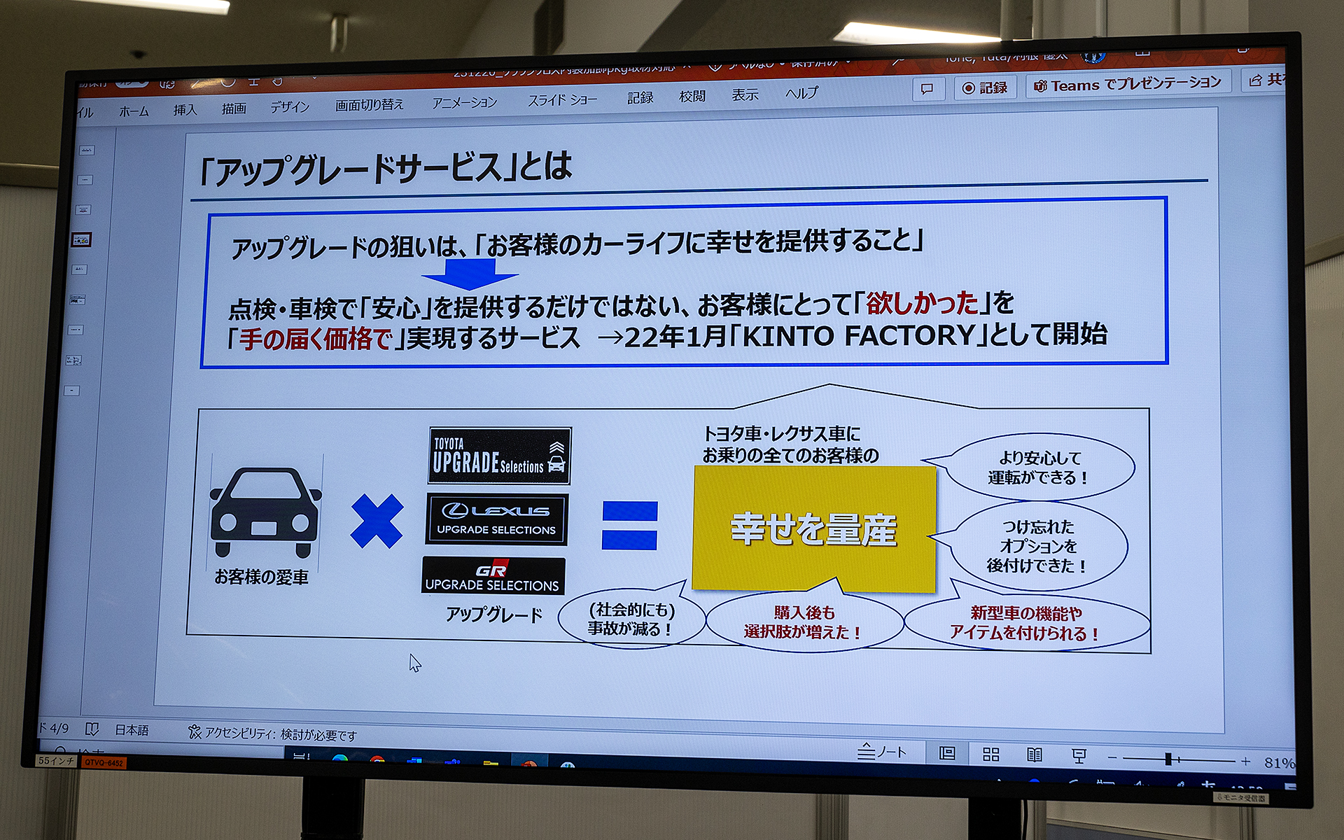 アップグレードの説明スライド。すでにクルマを購入したユーザーに対して、点検や車検だけでなくほしかった機能、装備を提供するサービスとなる