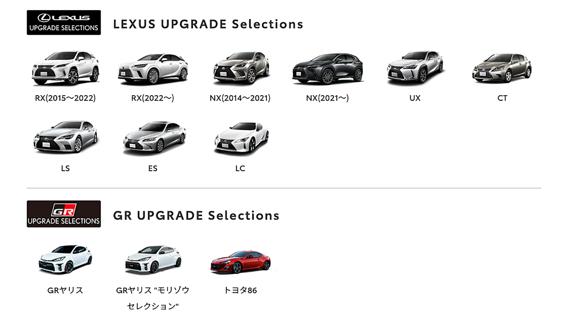 2023年12月時点でKINTO FACTORYで対応できるレクサス車、GR車。トヨタ車も合わせて対応車種は増えていく予定