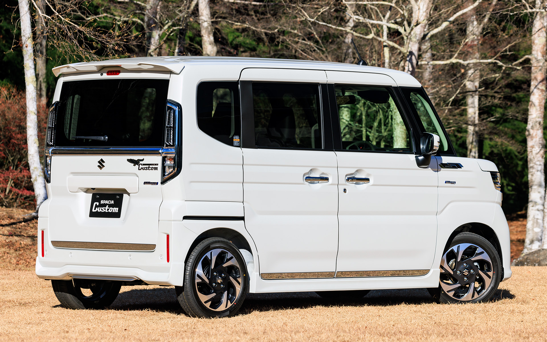 スペーシア カスタム用品装着車。フロントグリル、ヘッドライトアンダーガーニッシュ、フロントバンパーアンダーガーニッシュ、リアバンパーアンダーガーニッシュ、サイドドアガーニッシュ、バックドアガーニッシュ、ドアミラーガーニッシュ、フェンダーガーニッシュ（ハイボスカル）、デコステッカー（イーグル）などを装着