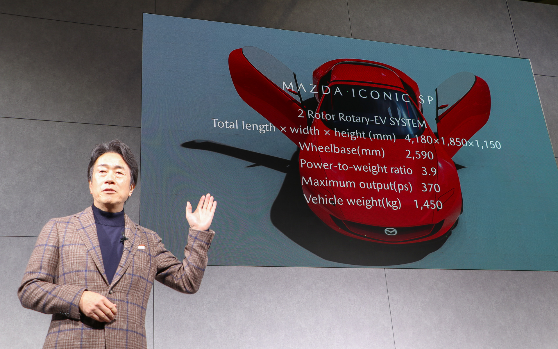 コンパクトスポーツカーコンセプト「アイコニック SP」のスペックを紹介する毛籠社長