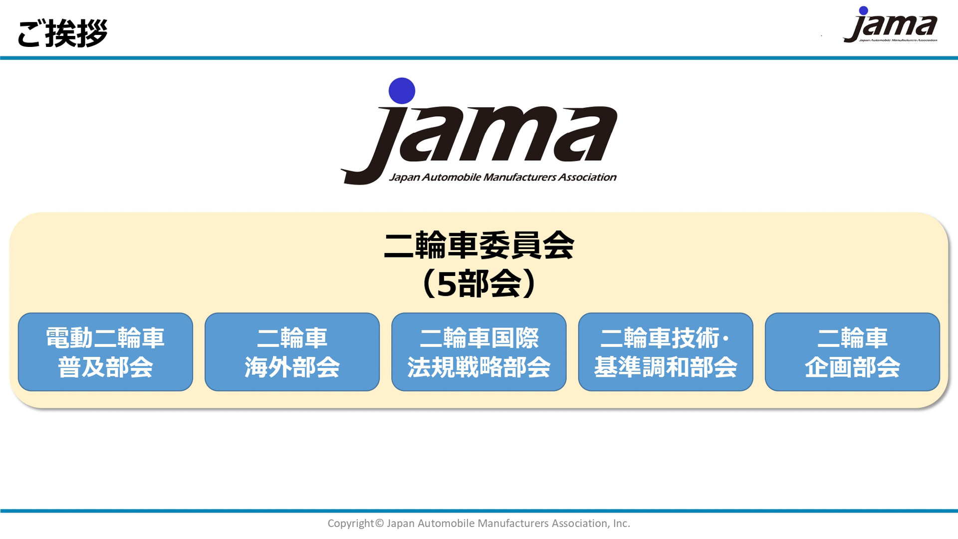 自工会 二輪車委員会の事業として、委員会傘下5部会の取り組みが紹介された