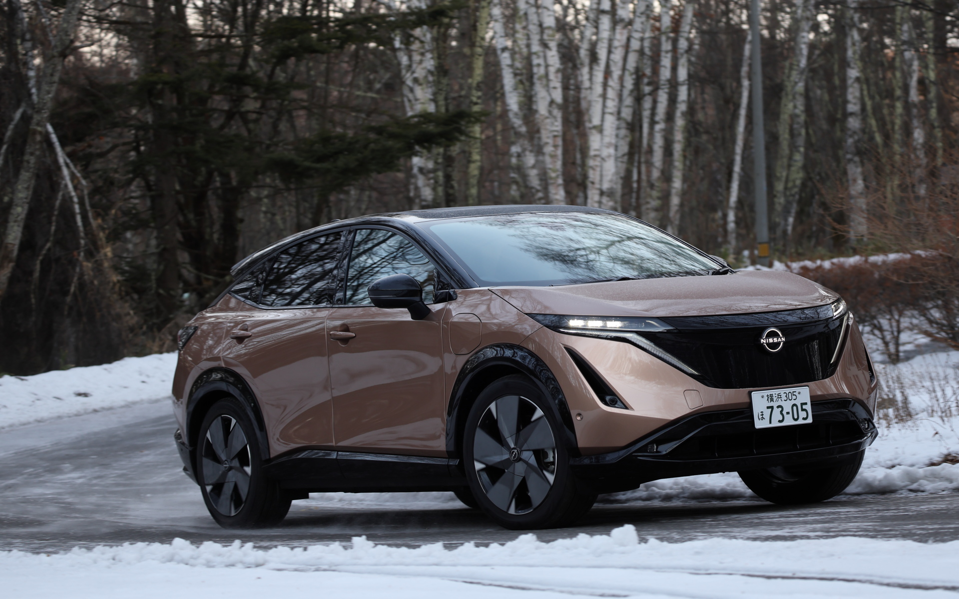 アリア B9 e-4ORCE limited。91kWhのバッテリを搭載し、フロントモーターは最高出力160kW（218PS）/5950-11960rpm、最大トルク300Nm（30.6kgfm）/0-4392rpmを、リアモーターは最高出力160kW（218PS）/5950-10320rpm、最大トルク300Nm（30.6kgfm）/0-4392rpmを発生する。装着スタッドレスタイヤはブリヂストン VRX3