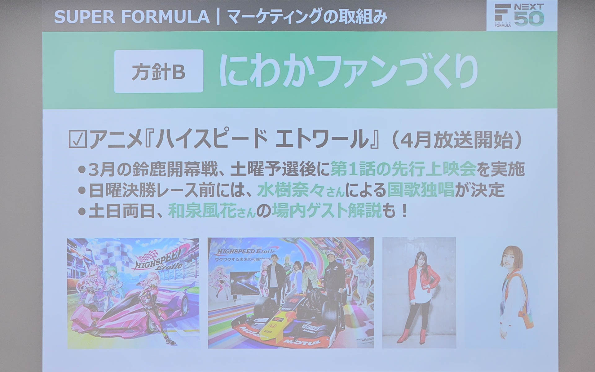 アニメ「HIGHSPEED Étoile（ハイスピード エトワール）」に出演し主題歌を歌う水樹奈々さんが開幕戦で国歌斉唱