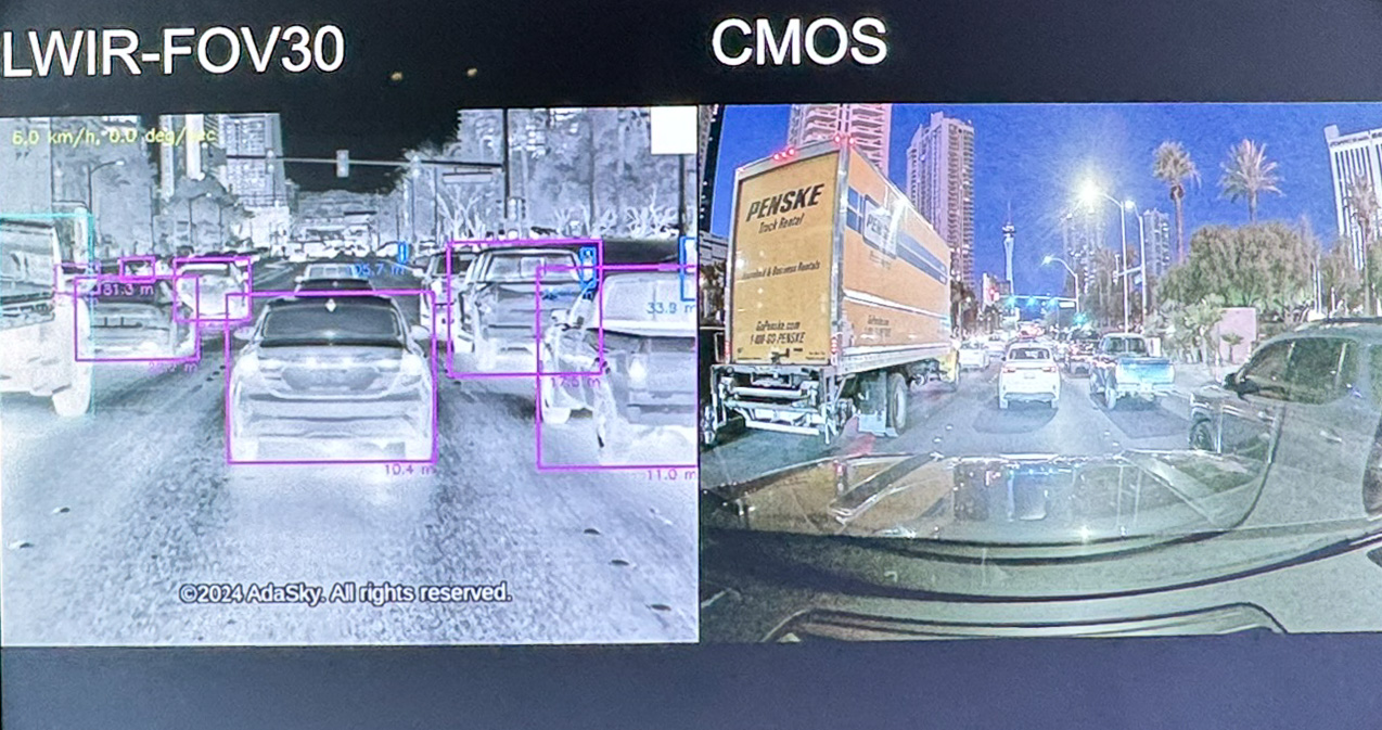 ラスベガスの街中で実際に撮影したLWIRによる見え方と、CMOSイメージセンサー（通常のカメラ）による見え方の比較