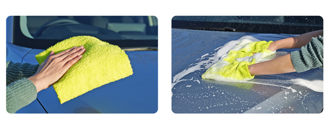 泡立てたシャンプー液をたっぷりと保持でき、ボディに優しい低摩擦の“うるおい洗車”を実現する