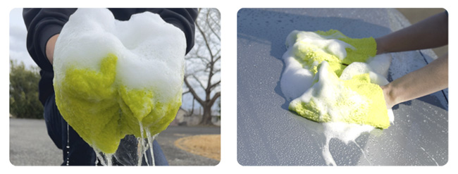 泡立てたシャンプー液をたっぷりと保持でき、ボディに優しい低摩擦の“うるおい洗車”を実現する