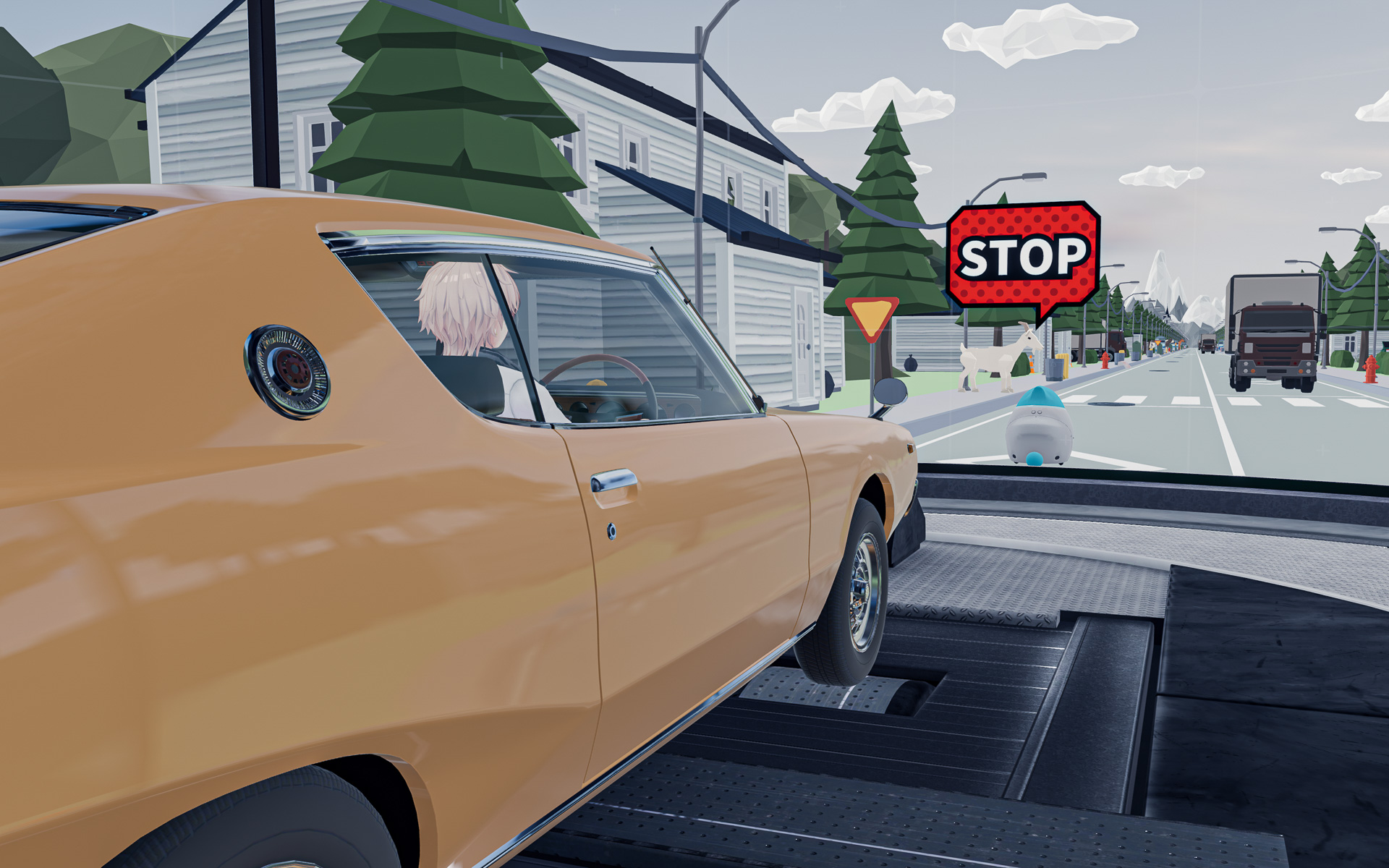 「スカイライン ハードトップ 2000GTX-E」（KGC110型）の運転席に座り、走行中の有効視野を体験できる