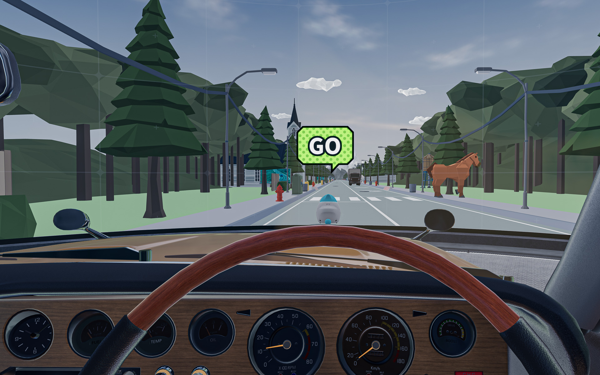 「スカイライン ハードトップ 2000GTX-E」（KGC110型）の運転席に座り、走行中の有効視野を体験できる