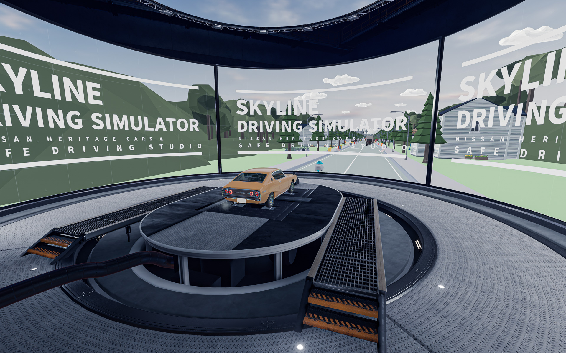 ワイドスクリーンが周囲を取り囲むスタジオで、疑似ドライブをリアルに楽しめる