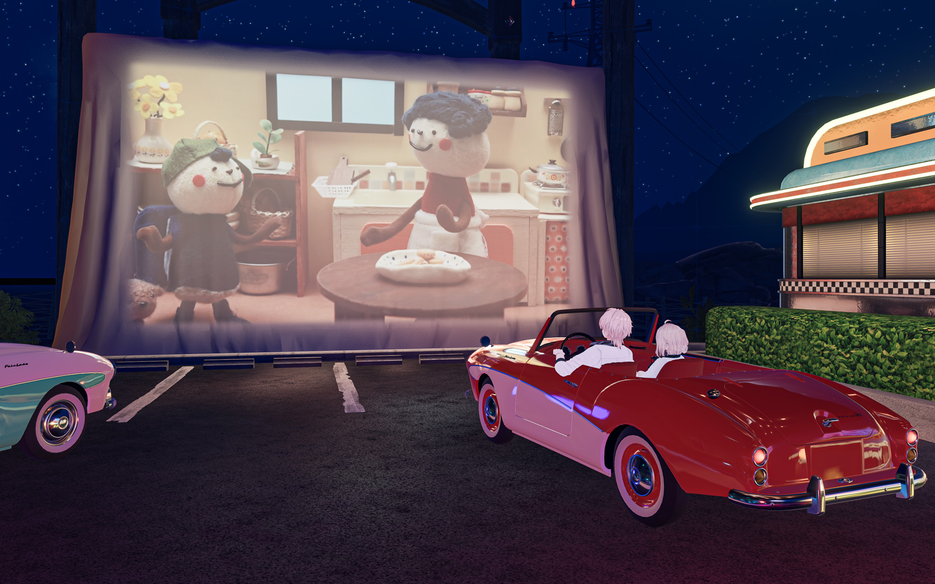 ドライブインシアターの大画面で「ハンドルぐるぐる体操」などの動画を楽しめる