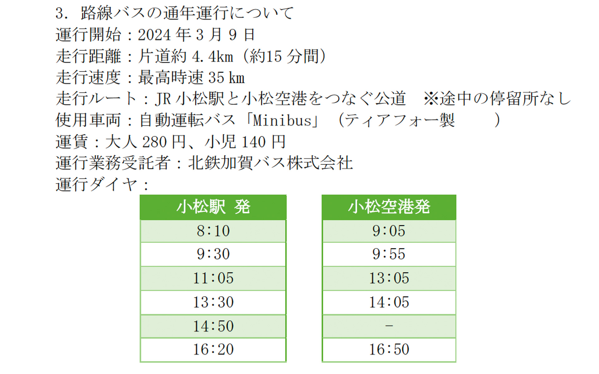 運行ダイヤは、小松駅発が1日6便、小松空港発が1日5便、運賃は大人280円、小児140円