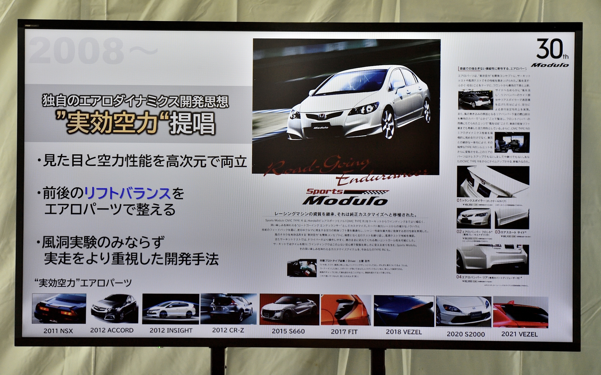 実効空力を採用したエアロパーツは前後のリフトバランスがエアロパーツによって整えられる。FDシビック用から製品化されたそうだ