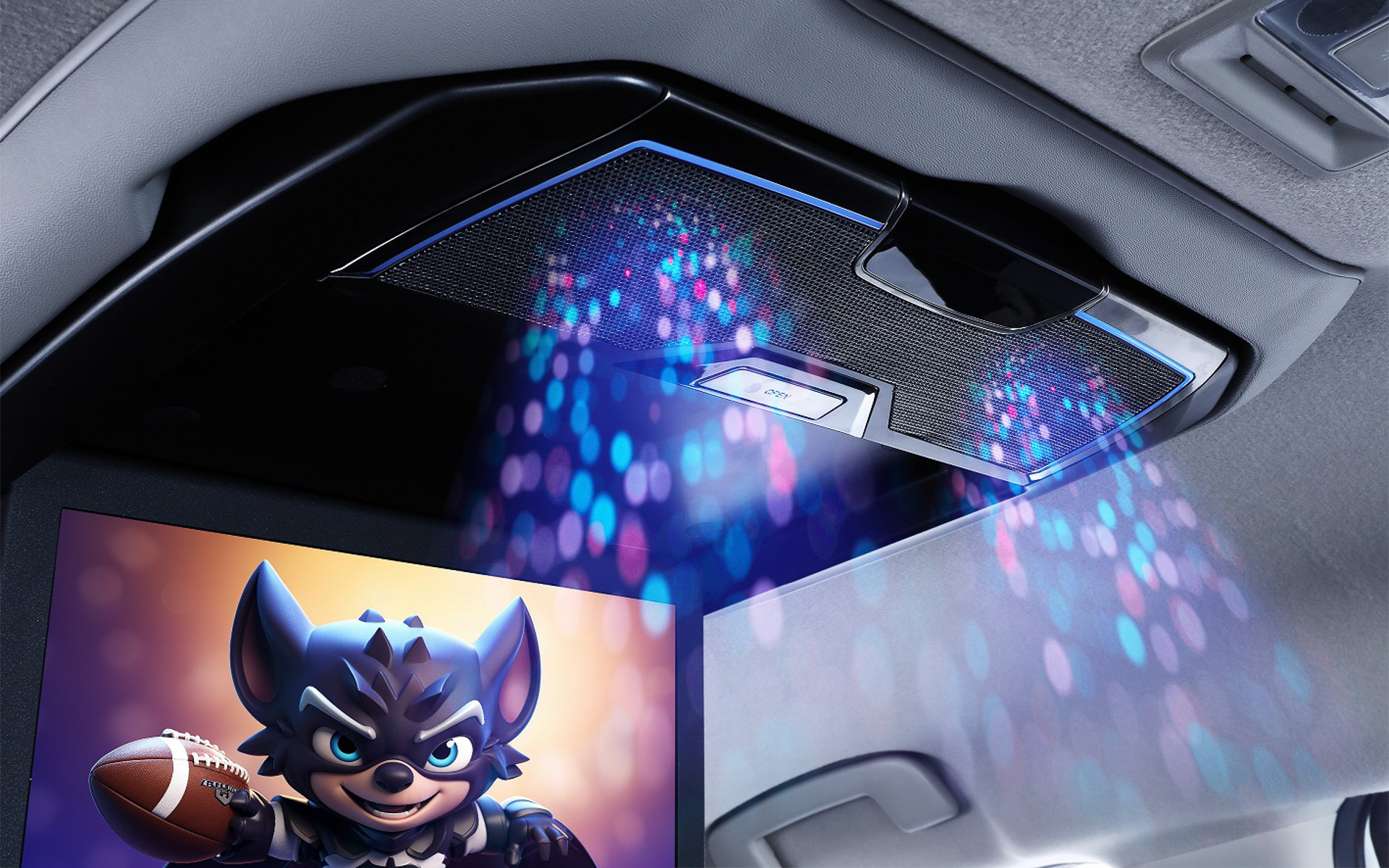 モニター本体に5cmの高性能スピーカーを2個搭載しているアルパインの天井取り付け型「クリアサウンドリアビジョン」